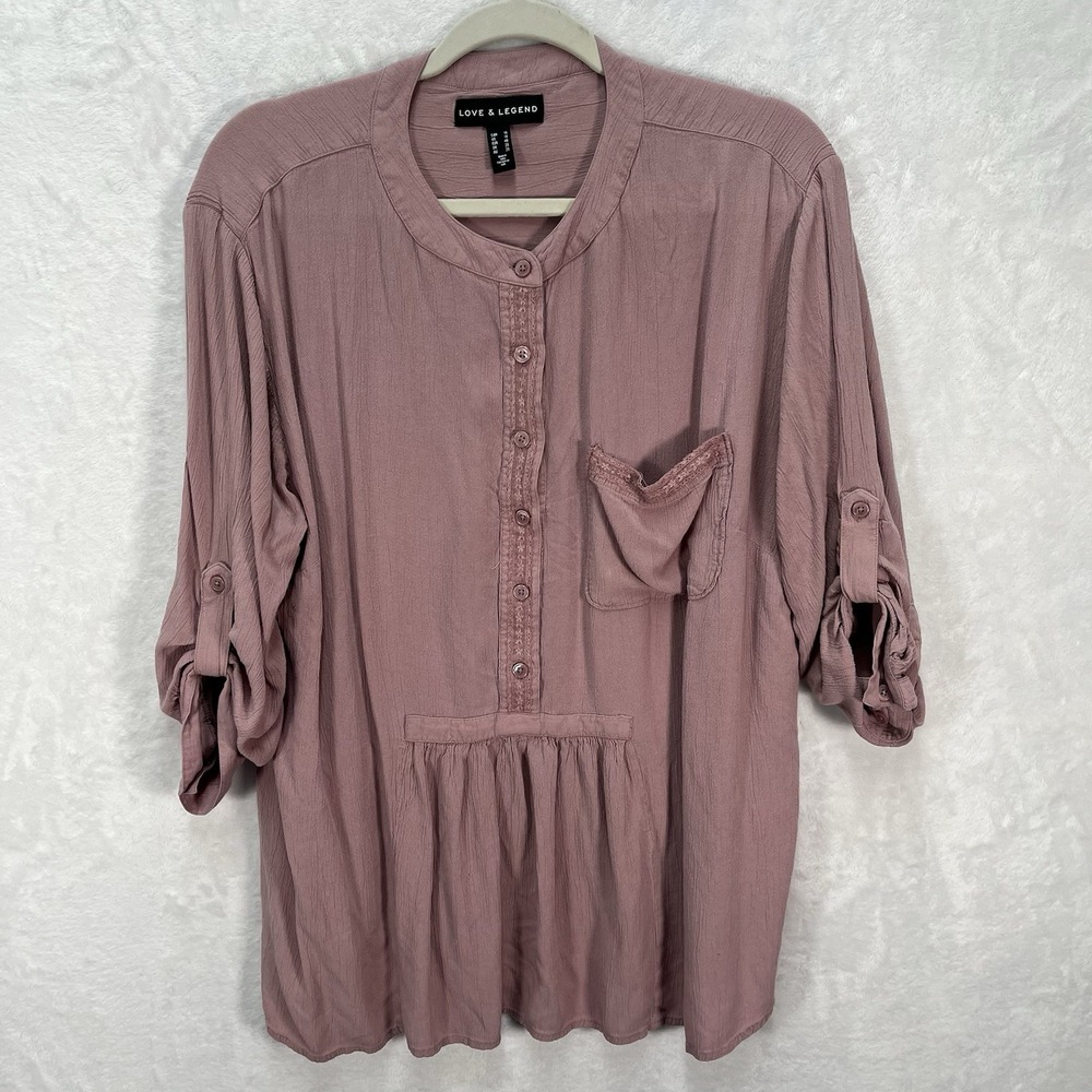 Love & Legend Button-Front Blouse Womens 16 Roll Tab Sleeve Lace Detail